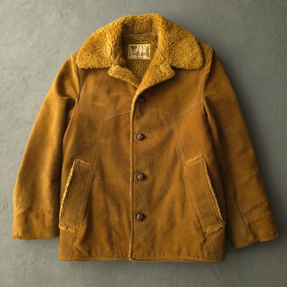 Vintage 70s Lakeland Tan Suede Sherpa Lined Coat Size 38 Made in USA